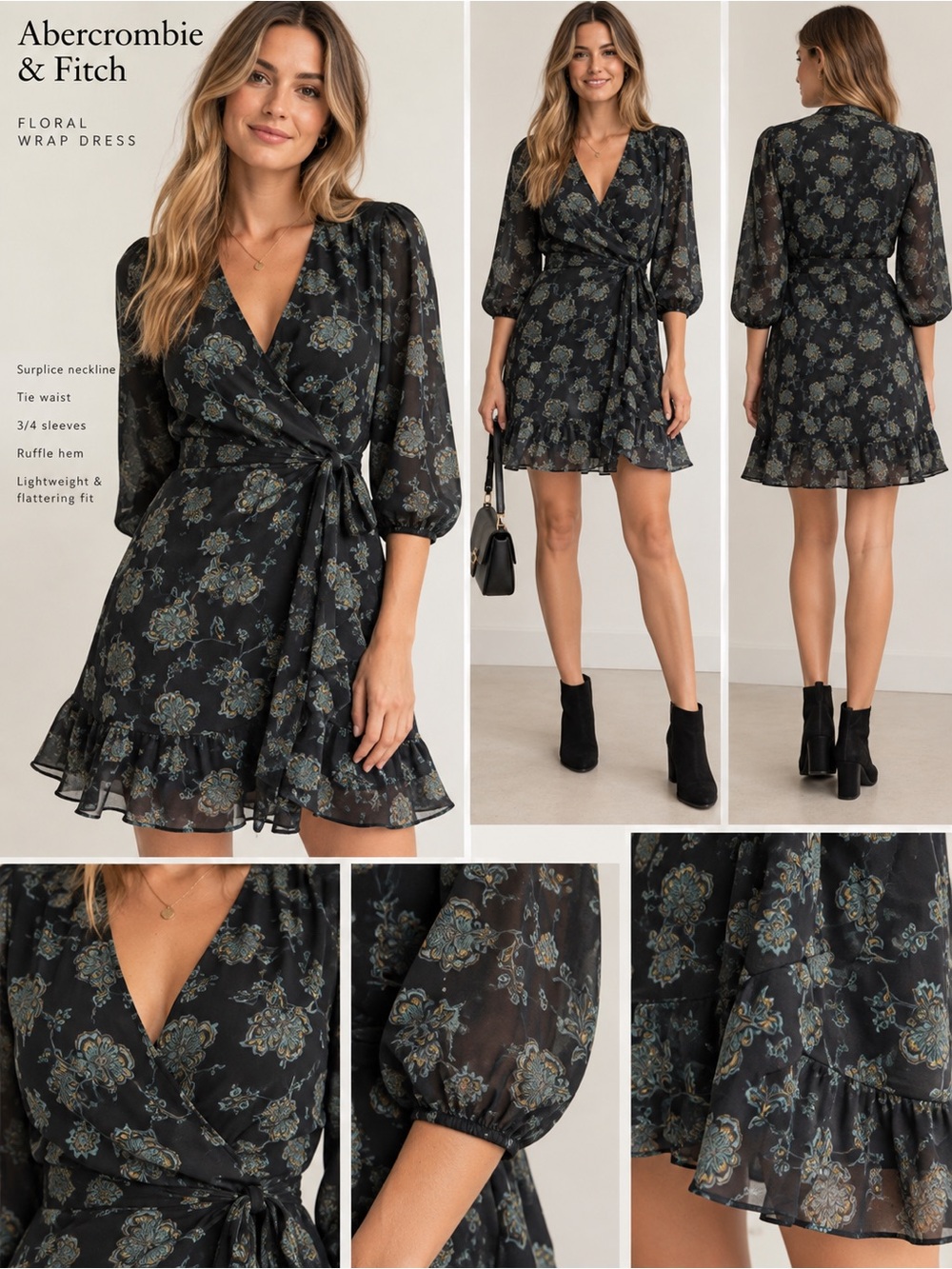 Abercrombie & Fitch Black Floral Sheer Tie-Front Kimono